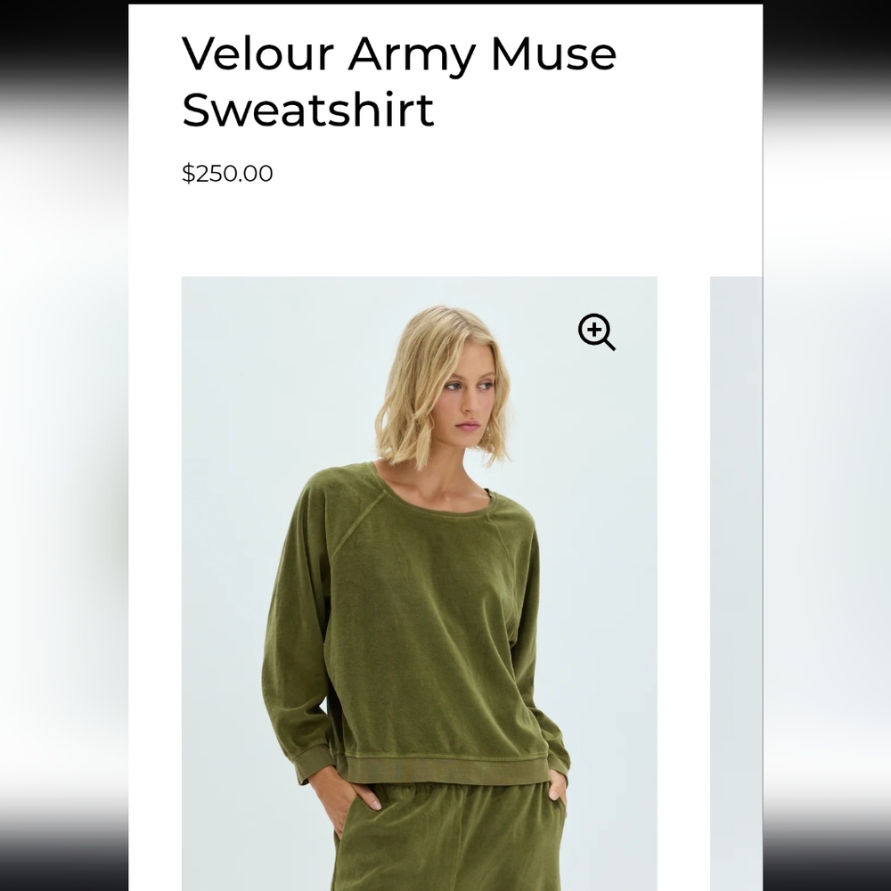 Raquel Allegra Muse Sweatshirt Velour Pullover Army Green $250 sz 2 - Picture 3 of 16